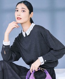 【洗える】エンブロイダリー フラワーレースコンビ ニット