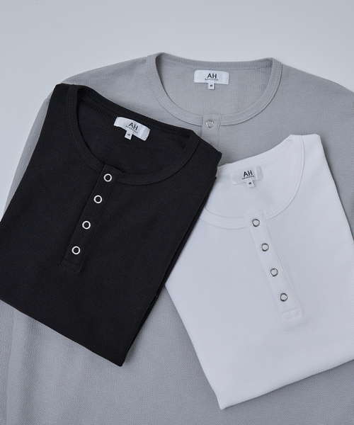 AH ABAHOUSE（エーエイチアバハウス）の「MODERN KANOKO SNAP HENRY NECK LONG SLEEVE T-SHIRT / モダン カノコ スナップ ヘンリーネック ロングスリーブTシャツ（Tシャツ/カットソー・メンズ・グレイッシュベージュ/ホワイト/ブラック・44/46/48）」の21枚目の写真