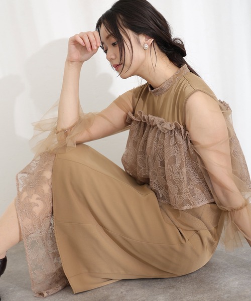 PourVous(プールヴー)の「クラシカル シフォン レイヤード パーティー ドレス ワンピース ミモレ丈 長袖 ハイウエスト フォーマル オケージョンドレス 結婚式 お呼ばれ 二次会 成人式 同窓会 謝恩会 20代 30代(ドレス・レディース・ブラック/モカ/グレイッシュベージュ・S/M)」の8枚目の写真