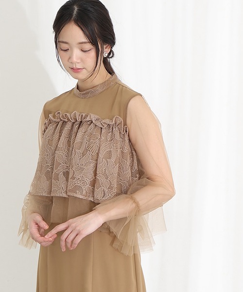 PourVous(プールヴー)の「クラシカル シフォン レイヤード パーティー ドレス ワンピース ミモレ丈 長袖 ハイウエスト フォーマル オケージョンドレス 結婚式 お呼ばれ 二次会 成人式 同窓会 謝恩会 20代 30代(ドレス・レディース・ブラック/モカ/グレイッシュベージュ・S/M)」の10枚目の写真