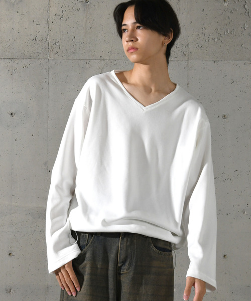 neos(ネオス)の「【neos】ルーズシルエット 裾ドローコード デザイン Vネック ロングスリーブ カットソー(Tシャツ/カットソー・メンズ・ネイビー/ホワイト/チャコールグレー/ブルー/ブラック・MEDIUM/LARGE)」の1枚目の写真