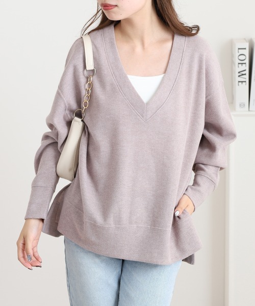 OMNES（オムネス）の「ウールタッチリブニットソー深Vネックプルオーバー（ニット/セーター・レディース・グレイッシュベージュ/ベージュ/チャコール・FREE）」の3枚目の写真