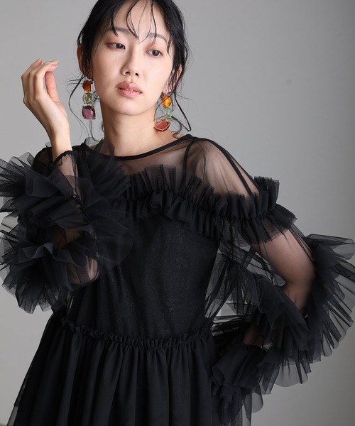 結婚式 二次会 パーティー ドレス チュール フリルブラウスシャイニーキャミワンピース 袖あり ロング丈 お呼ばれ 同窓会 成人式 オケージョンドレス フォーマル 