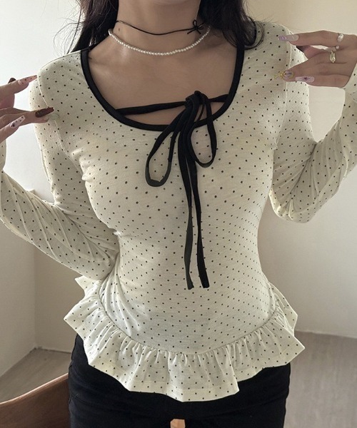 almo(アルモ)の「【LAMPOON】ウエストフリルドットロンT(Tシャツ/カットソー・レディース・ブラック/ホワイト・MEDIUM/LARGE/SMALL)」の6枚目の写真