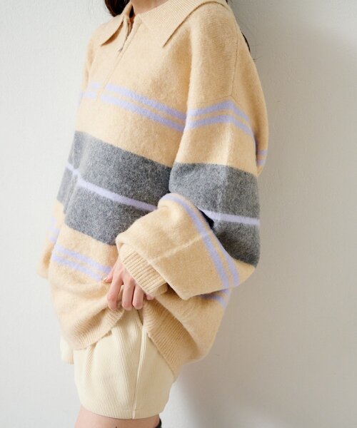 Kastane（カスタネ）の「【新色追加/無地&ボーダー/6色展開】ボーダージップニット（ニット/セーター・レディース・ブラウン/アイボリー/ブラック/グレー/ホワイト系その他/ライトグレー・FREE）」の8枚目の写真