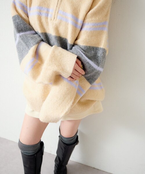 Kastane（カスタネ）の「【新色追加/無地&ボーダー/6色展開】ボーダージップニット（ニット/セーター・レディース・ブラウン/アイボリー/ブラック/グレー/ホワイト系その他/ライトグレー・FREE）」の9枚目の写真