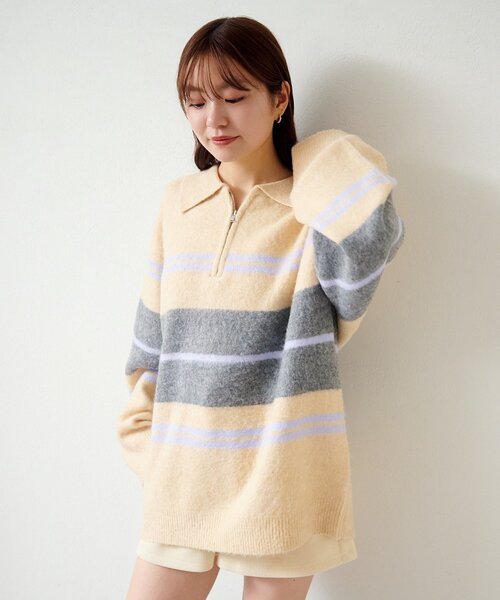 Kastane（カスタネ）の「【新色追加/無地&ボーダー/6色展開】ボーダージップニット（ニット/セーター・レディース・ブラウン/アイボリー/ブラック/グレー/ホワイト系その他/ライトグレー・FREE）」の10枚目の写真