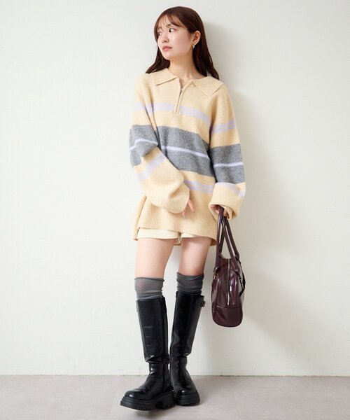 Kastane（カスタネ）の「【新色追加/無地&ボーダー/6色展開】ボーダージップニット（ニット/セーター・レディース・ブラウン/アイボリー/ブラック/グレー/ホワイト系その他/ライトグレー・FREE）」の14枚目の写真