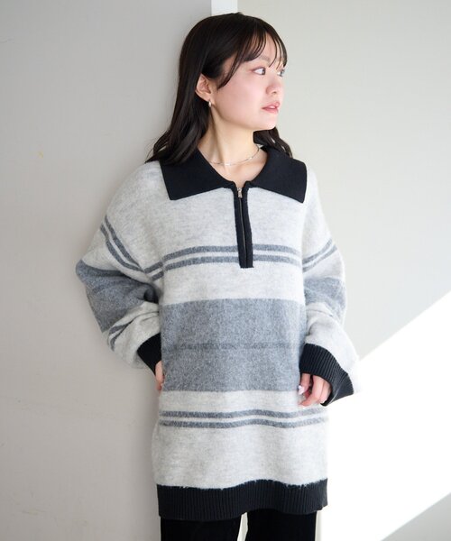 Kastane（カスタネ）の「【新色追加/無地&ボーダー/6色展開】ボーダージップニット（ニット/セーター・レディース・ブラウン/アイボリー/ブラック/グレー/ホワイト系その他/ライトグレー・FREE）」の17枚目の写真
