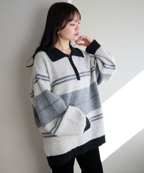 Kastane（カスタネ）の「【新色追加/無地&ボーダー/6色展開】ボーダージップニット（ニット/セーター・レディース・ブラウン/アイボリー/ブラック/グレー/ホワイト系その他/ライトグレー・FREE）」の18枚目の写真