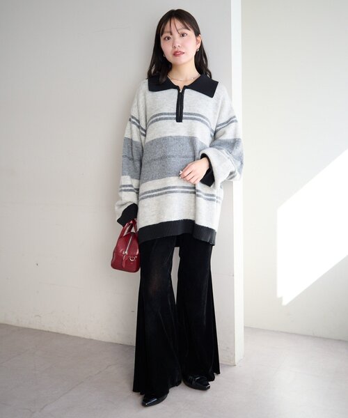 Kastane（カスタネ）の「【新色追加/無地&ボーダー/6色展開】ボーダージップニット（ニット/セーター・レディース・ブラウン/アイボリー/ブラック/グレー/ホワイト系その他/ライトグレー・FREE）」の19枚目の写真
