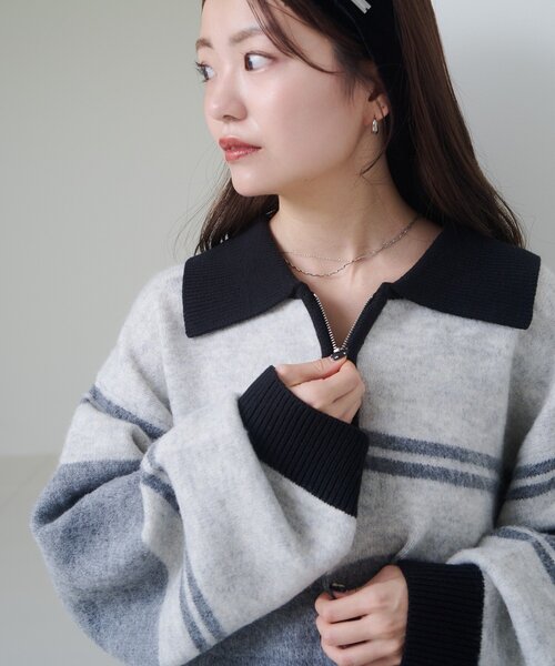 Kastane（カスタネ）の「【新色追加/無地&ボーダー/6色展開】ボーダージップニット（ニット/セーター・レディース・ブラウン/アイボリー/ブラック/グレー/ホワイト系その他/ライトグレー・FREE）」の22枚目の写真
