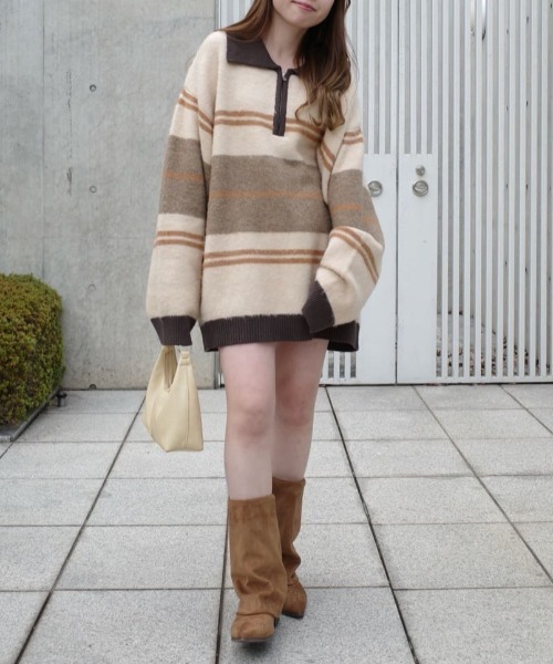 Kastane（カスタネ）の「【新色追加/無地&ボーダー/6色展開】ボーダージップニット（ニット/セーター・レディース・ブラウン/アイボリー/ブラック/グレー/ホワイト系その他/ライトグレー・FREE）」の6枚目の写真