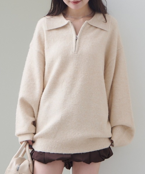 Kastane（カスタネ）の「【新色追加/無地&ボーダー/6色展開】ボーダージップニット（ニット/セーター・レディース・ブラウン/アイボリー/ブラック/グレー/ホワイト系その他/ライトグレー・FREE）」の2枚目の写真