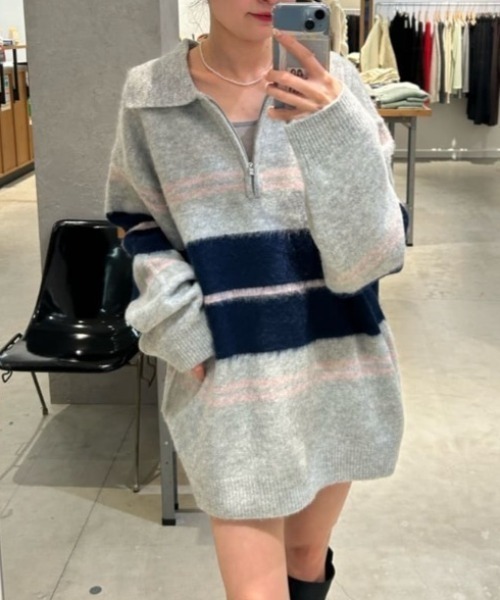 Kastane（カスタネ）の「【新色追加/無地&ボーダー/6色展開】ボーダージップニット（ニット/セーター・レディース・ブラウン/アイボリー/ブラック/グレー/ホワイト系その他/ライトグレー・FREE）」の5枚目の写真