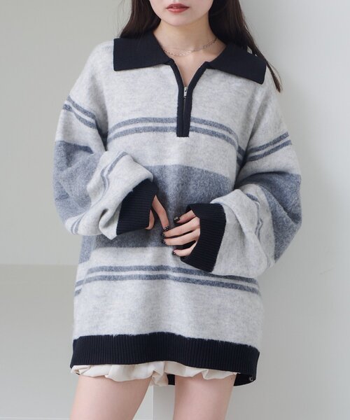 Kastane（カスタネ）の「【新色追加/無地&ボーダー/6色展開】ボーダージップニット（ニット/セーター・レディース・ブラウン/アイボリー/ブラック/グレー/ホワイト系その他/ライトグレー・FREE）」の7枚目の写真