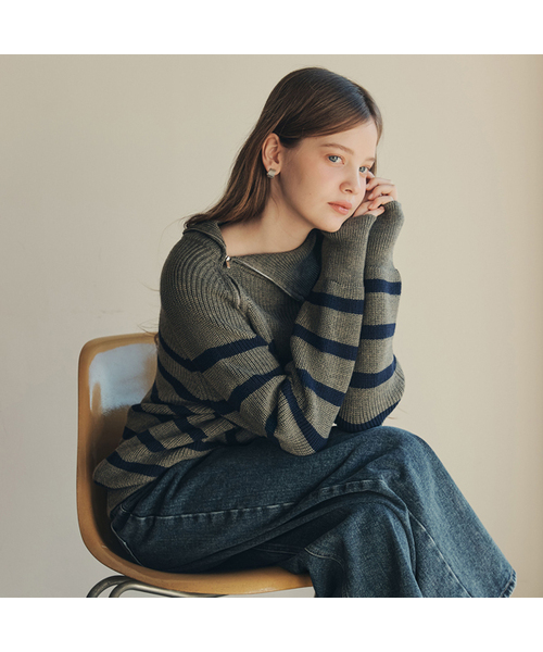 ストライプジップアップスウェット/グレー