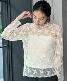 シースルートップス シアートップス 長袖 ハイネック インナー カットソー レース 刺繍 レイヤード オケージョン 結婚式 パーティー お呼ばれ