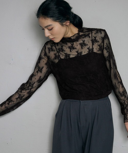 LOWO(ロワ)の「シースルートップス シアートップス 長袖 ハイネック インナー カットソー レース 刺繍 レイヤード オケージョン 結婚式 パーティー お呼ばれ(Tシャツ/カットソー・レディース・ブラック系その他/アイボリー/ブラック/ホワイト/ホワイト系その他・FREE)」の7枚目の写真