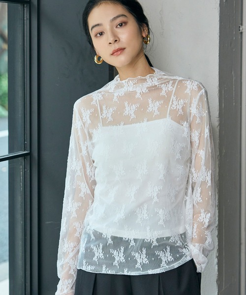 LOWO(ロワ)の「シースルートップス シアートップス 長袖 ハイネック インナー カットソー レース 刺繍 レイヤード オケージョン 結婚式 パーティー お呼ばれ(Tシャツ/カットソー・レディース・ブラック系その他/アイボリー/ブラック/ホワイト/ホワイト系その他・FREE)」の9枚目の写真