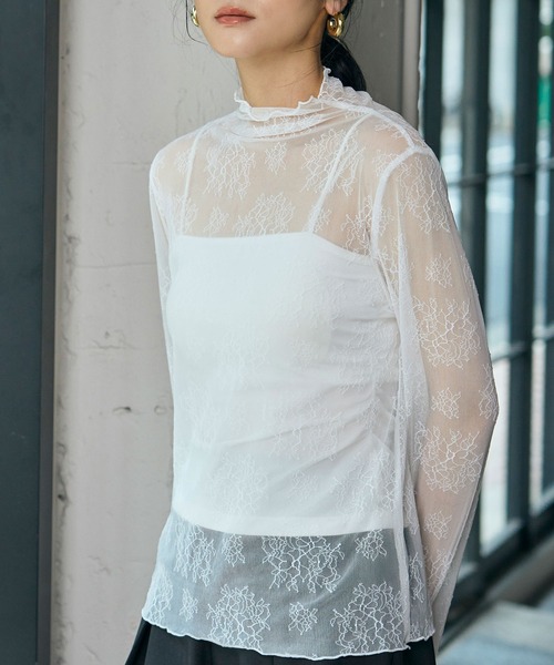 LOWO(ロワ)の「シースルートップス シアートップス 長袖 ハイネック インナー カットソー レース 刺繍 レイヤード オケージョン 結婚式 パーティー お呼ばれ(Tシャツ/カットソー・レディース・ブラック系その他/アイボリー/ブラック/ホワイト/ホワイト系その他・FREE)」の16枚目の写真