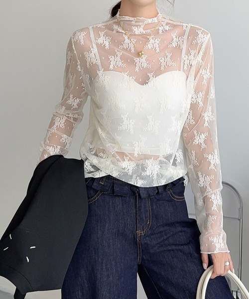 LOWO(ロワ)の「シースルートップス シアートップス 長袖 ハイネック インナー カットソー レース 刺繍 レイヤード オケージョン 結婚式 パーティー お呼ばれ(Tシャツ/カットソー・レディース・ブラック系その他/アイボリー/ブラック/ホワイト/ホワイト系その他・FREE)」の21枚目の写真
