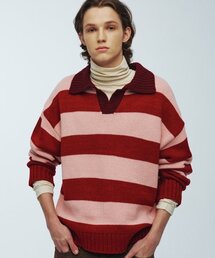 Open collar striped knit RED