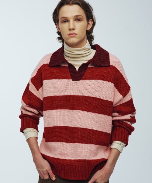 KNITTED(ニッティド)の「Open collar striped knit RED(ニット/セーター・レディース・その他・LARGE)」の1枚目の写真