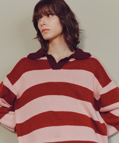 KNITTED(ニッティド)の「Open collar striped knit RED(ニット/セーター・レディース・その他・LARGE)」の2枚目の写真