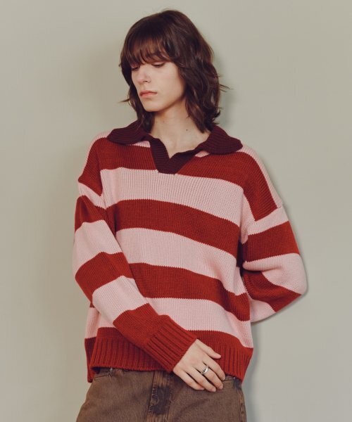 KNITTED(ニッティド)の「Open collar striped knit RED(ニット/セーター・レディース・その他・LARGE)」の3枚目の写真