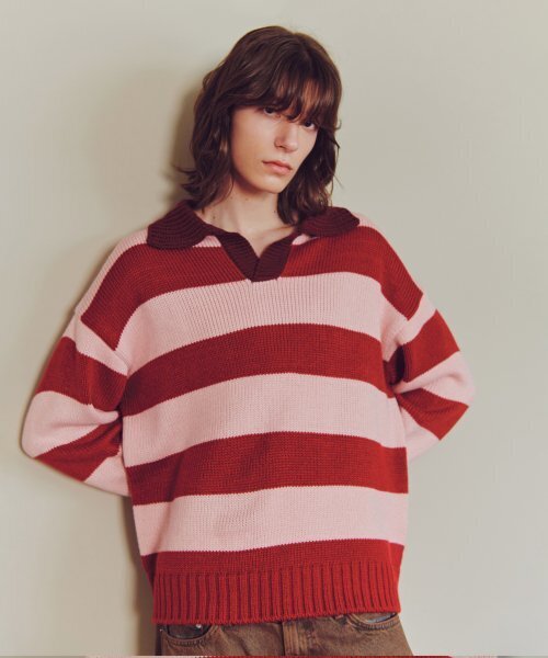 KNITTED(ニッティド)の「Open collar striped knit RED(ニット/セーター・レディース・その他・LARGE)」の4枚目の写真