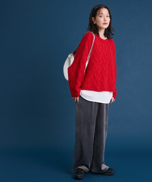 Green　Parks（グリーンパークス）の「ぽかぽか裏起毛ベロアイージーパンツ（その他パンツ・レディース・ブラック/サックスブルー/アイボリー/チャコールグレー・FREE）」の6枚目の写真