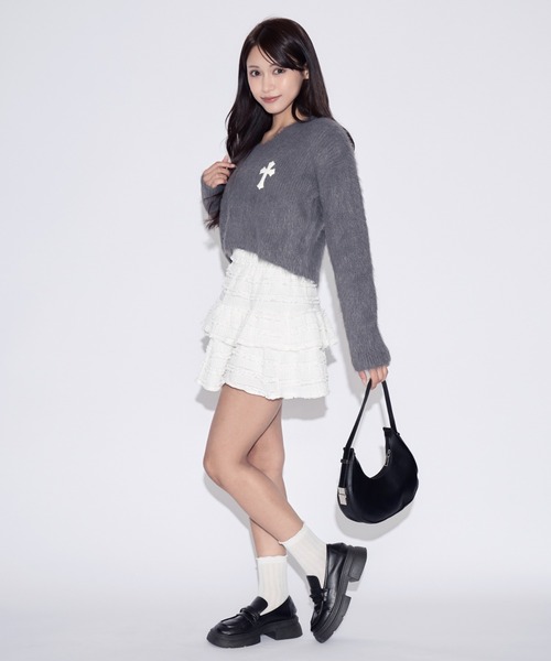 tinkerend（ティンカーエンド）の「V-neck Shaggy Cross Short Knit / Vネックシャギークロスショートニット（ニット/セーター・レディース・ブラック/グレー・FREE）」の14枚目の写真