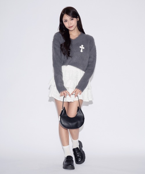 tinkerend（ティンカーエンド）の「V-neck Shaggy Cross Short Knit / Vネックシャギークロスショートニット（ニット/セーター・レディース・ブラック/グレー・FREE）」の15枚目の写真