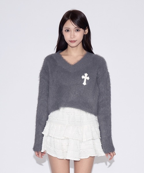 tinkerend（ティンカーエンド）の「V-neck Shaggy Cross Short Knit / Vネックシャギークロスショートニット（ニット/セーター・レディース・ブラック/グレー・FREE）」の22枚目の写真