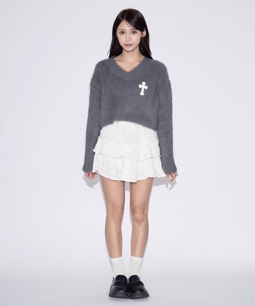 tinkerend（ティンカーエンド）の「V-neck Shaggy Cross Short Knit / Vネックシャギークロスショートニット（ニット/セーター・レディース・ブラック/グレー・FREE）」の13枚目の写真