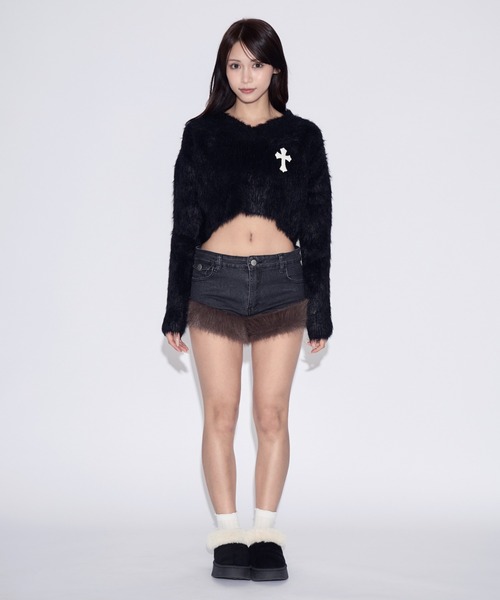 tinkerend（ティンカーエンド）の「V-neck Shaggy Cross Short Knit / Vネックシャギークロスショートニット（ニット/セーター・レディース・ブラック/グレー・FREE）」の8枚目の写真
