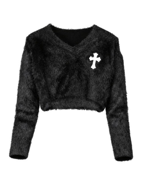 tinkerend（ティンカーエンド）の「V-neck Shaggy Cross Short Knit / Vネックシャギークロスショートニット（ニット/セーター・レディース・ブラック/グレー・FREE）」の9枚目の写真