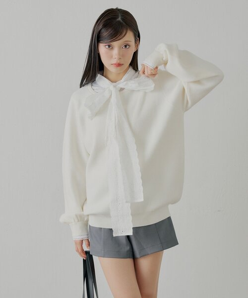 こっこ様 ニット 白 ボウタイブラウスドッキングニット（ニット/セーター）｜Chico（チコ