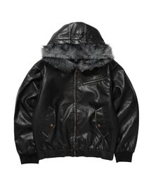 SEQUENZ（シークエンズ）の「【SEQUENZ（シークエンズ）】FUR PU HOODIE JKT / フェイクレザー ジャケット ファー 中綿 ダブルジップ フーディ ドローコード 加工（その他アウター）」