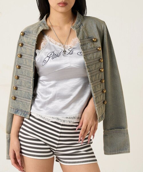 WHO'S WHO gallery（フーズフーギャラリー）の「EMBROIDERED LOGO SATIN SLIP CAMI（キャミソール・レディース・ホワイト/ネイビー/グレー/ブラック・FREE）」の3枚目の写真