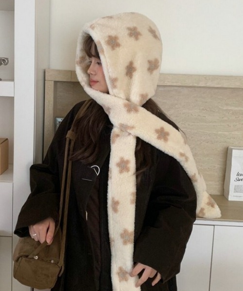 Vipoa（ヴィポア）の「フラワーデザインマフラーバラクラバ（ネックウォーマー/スヌード・レディース・グレー/アイボリー/ブラウン/グリーン・FREE）」の6枚目の写真