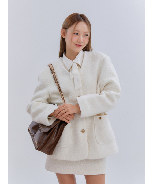 ANOETIC（アノエティック）の「ANC COLLARLESS BELT TWEED JACKET_IVORY（その他アウター・レディース・アイボリー・FREE）」の2枚目の写真