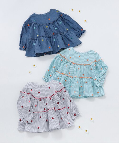 apres les cours（アプレレクール）の「刺繍メローティアードチュニック_ジュニア対応（シャツ/ブラウス・キッズ・インディゴブルー/ミント/グレー・80/90/100/110/120/130/140）」の9枚目の写真