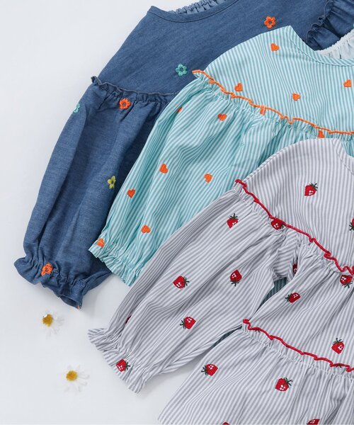 apres les cours（アプレレクール）の「刺繍メローティアードチュニック_ジュニア対応（シャツ/ブラウス・キッズ・インディゴブルー/ミント/グレー・80/90/100/110/120/130/140）」の10枚目の写真