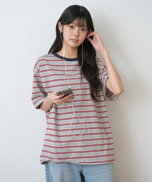 SAYUU(サユ)の「ストライプビスケット半袖Tシャツグレー(Tシャツ/カットソー・レディース・ライトグレー・FREE)」の13枚目の写真