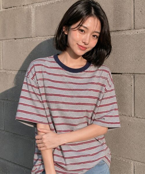 SAYUU(サユ)の「ストライプビスケット半袖Tシャツグレー(Tシャツ/カットソー・レディース・ライトグレー・FREE)」の5枚目の写真