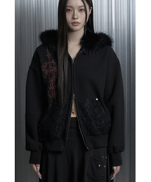 Printing Lace Soft Fur Hood Zip-Up (Black)