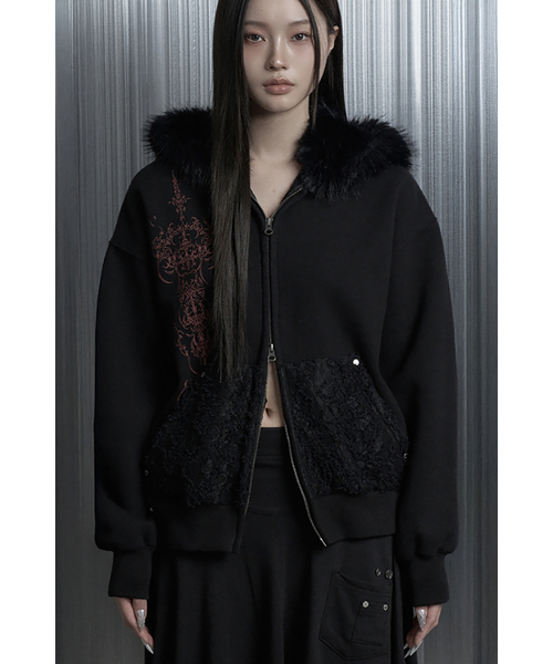 Printing Lace Soft Fur Hood Zip‑Up (Black) — чёрное худи с кружевом и мягким мехом, на молнии