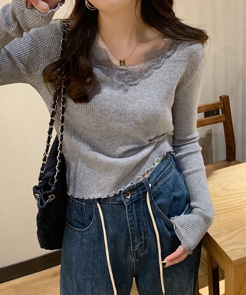 Songe(ソンジュ)の「レース付きVネック長袖リブトップス(Tシャツ/カットソー・レディース・グレー/ブラック/ホワイト・FREE)」の14枚目の写真